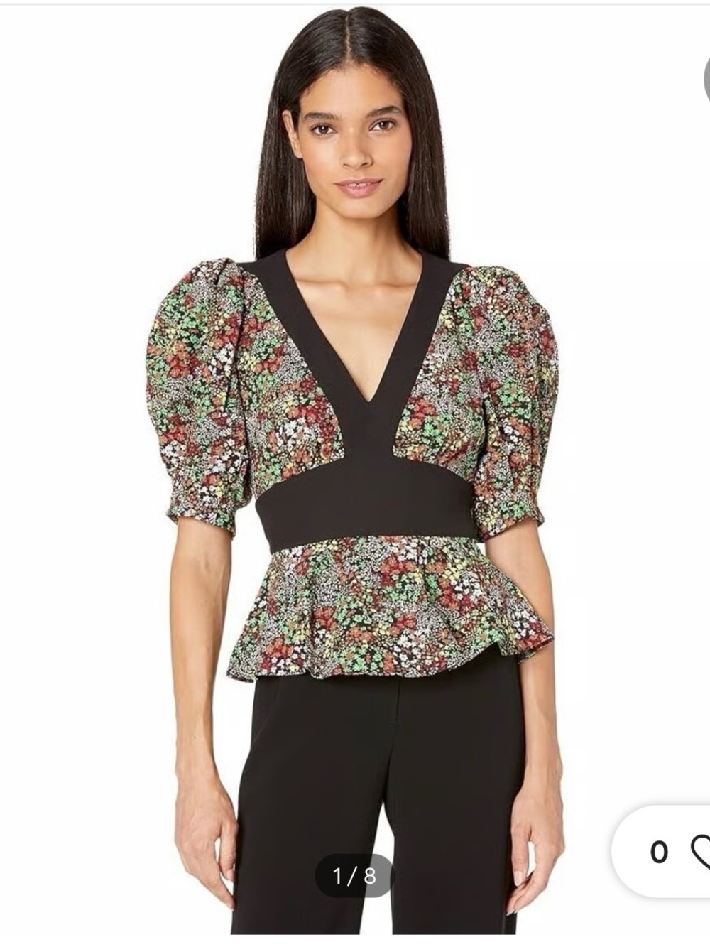 Ted Baker Black V-Neck Floral Peplum Camilya Crepe Puff Sleeve Top - Size 8 USA
